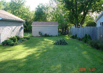 Back around to the front, this view is from the street, on the left is the back of DH's shop, straight ahead is my garden shed, and on the left is our closest and least-favorite neighbor.   We can't see this area from the house or from the rest of the yard because it's behind the shop.    I have hostas and hydrangeas on the left.   Since we don't see this bed, it's less cared-for than others and holds duplicate hostas or ones I'm waiting to plant elsewhere.  On the right against the neighbors fence in the sun are some dwarf spruce and small spirea, with daylilies mixed in all along the fence.   It looks good in the summer when daylilies are blooming all along the fence.